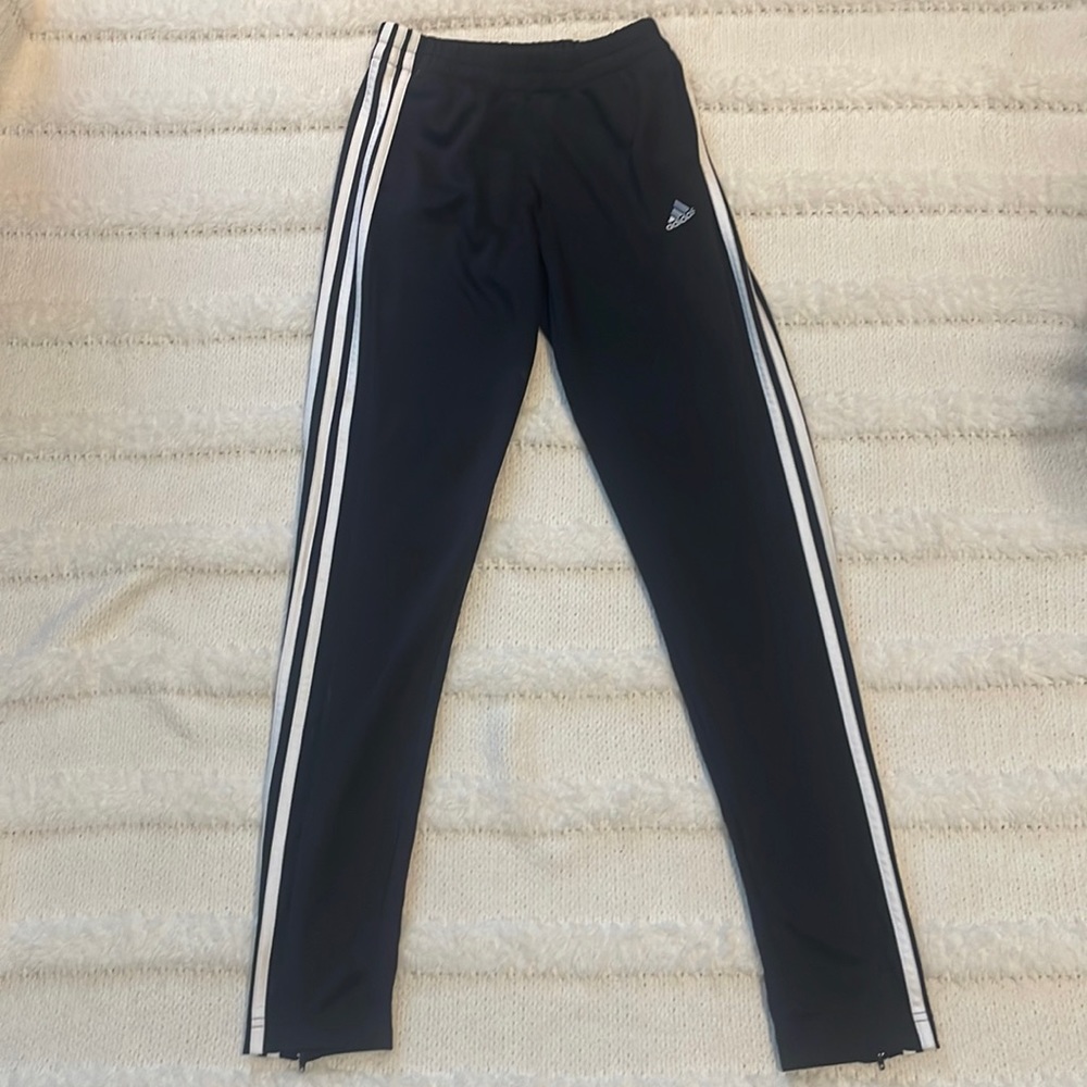 Adidas athletic pants climalite black white stripes ankle zips pockets size XS